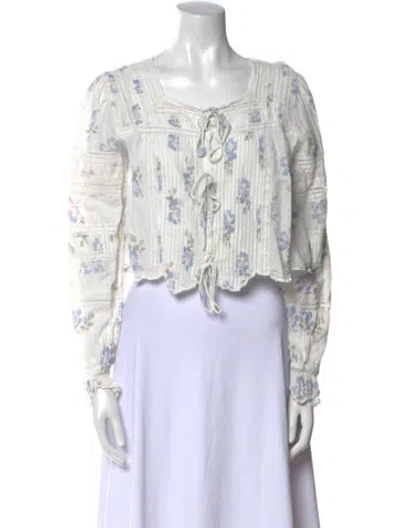 Pre-owned Loveshackfancy Printed Scoop Neck Crop Top In White