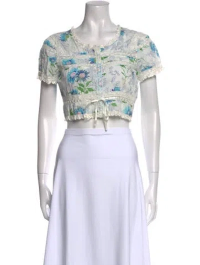 Pre-owned Loveshackfancy Printed Scoop Neck Crop Top In White