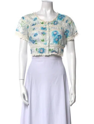 Pre-owned Loveshackfancy Printed Scoop Neck Crop Top In White