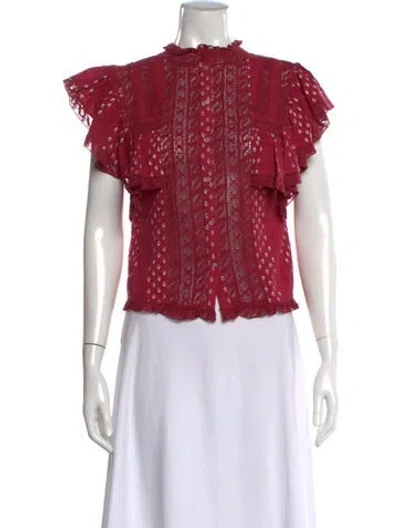 Pre-owned Loveshackfancy Printed Short Sleeve Blouse In Burgundy
