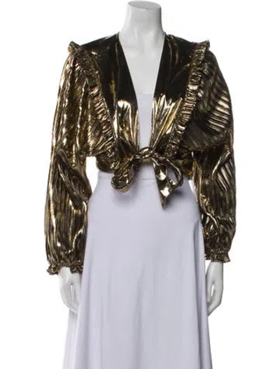 Pre-owned Loveshackfancy Printed V-neck Crop Top In Gold