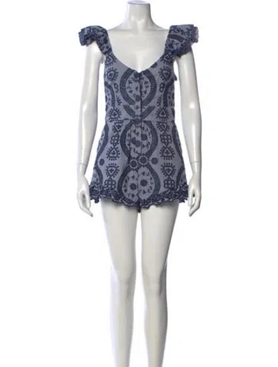 Pre-owned Loveshackfancy Printed V-neck Romper In Blue