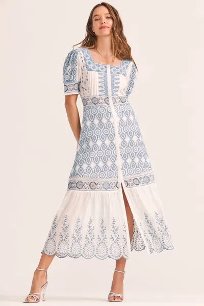 Loveshackfancy Puff Sleeve Midi Dress In White/blue