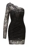 Loveshackfancy Ravara Asymmetric Embellished Lace Mini Dress In Black