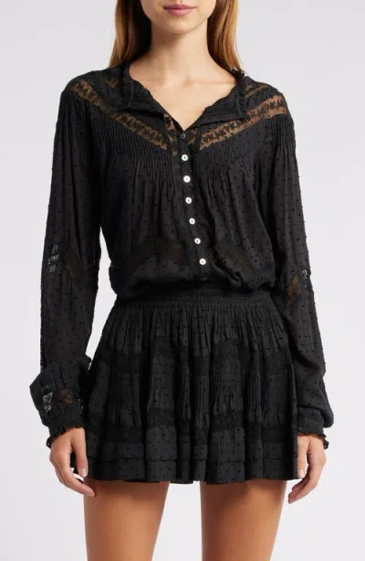 Loveshackfancy Ravelle Clip Dot Lace Accent Button-up Shirt In Black