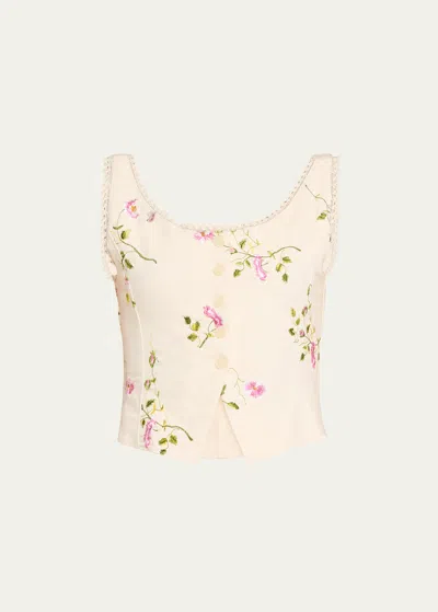 Loveshackfancy Rhapsody Embroidered Floral Bustier Top In Antique White