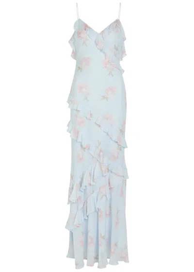 Loveshackfancy Rialto Floral-print Ruffled Chiffon Midi Dress In Blue