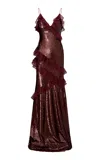 Loveshackfancy Rialto Ruffled Lace-trimmed Sequined Maxi Dress In Burgundy