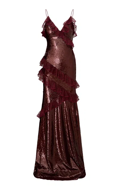 Loveshackfancy Rialto Ruffled Lace-trimmed Sequined Maxi Dress In Burgundy