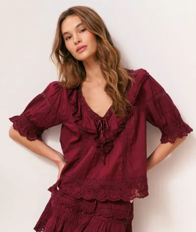 Loveshackfancy Romilly Lace Ruffle Blouse In Burgundy