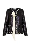 Loveshackfancy Rosina Ribbon-laced Sequined Jacket In Black