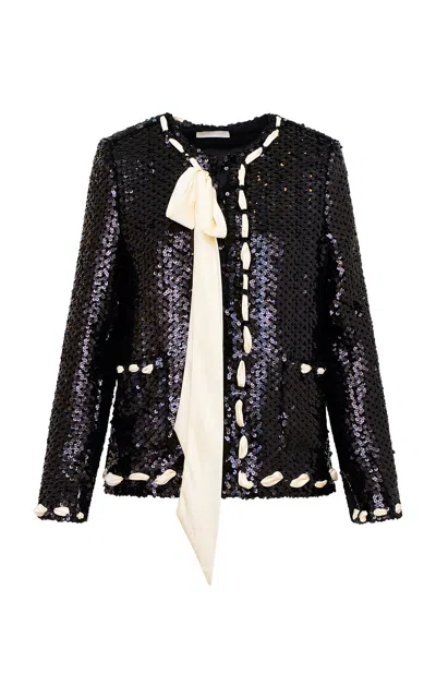 Loveshackfancy Rosina Ribbon-laced Sequined Jacket In Black