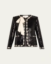 Loveshackfancy Rosina Ribbon-laced Sequined Jacket In Black