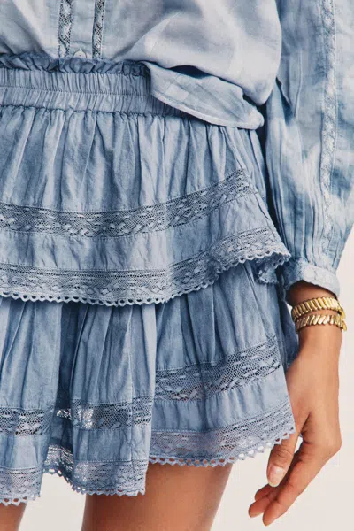 Loveshackfancy Ruffle Mini Skirt Washed Denim Hand Dye In Blue