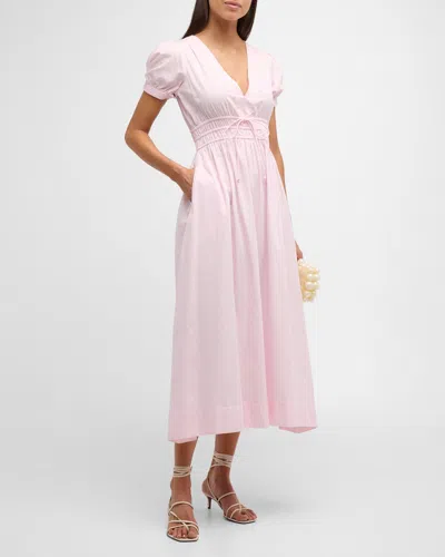 Loveshackfancy Sabela Puff-sleeve Cotton Poplin V-neck Midi Dress In Pink Lotus