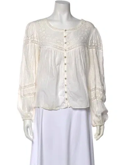 Pre-owned Loveshackfancy Scoop Neck Long Sleeve Blouse In White