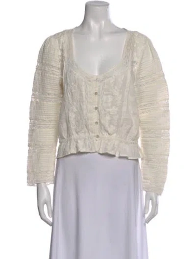 Pre-owned Loveshackfancy Scoop Neck Long Sleeve Crop Top In Neutral
