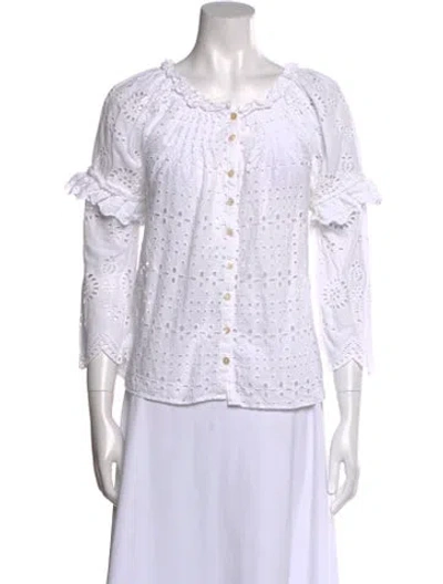 Pre-owned Loveshackfancy Scoop Neck Three-quarter Sleeve Blouse In White