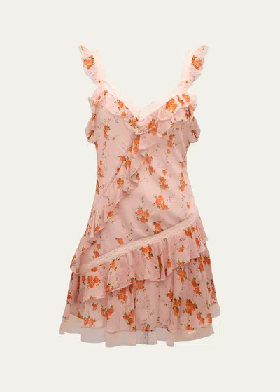 Loveshackfancy Serima Tiered Floral Lace Sleeveless Mini Dress In 波斯橙