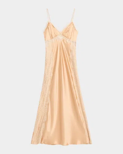 Loveshackfancy Shia Lace-trim Silk-blend A-line Maxi Slipdress In Gold