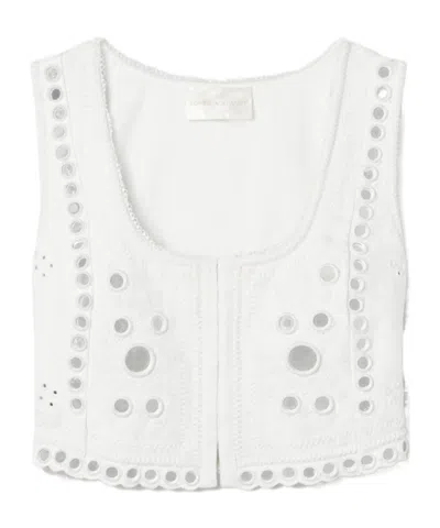 Loveshackfancy Cayman Cropped Paillette-embellished Embroidered Linen Top In White