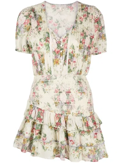 Loveshackfancy Short-sleeve Floral-print Dress In Neutrals
