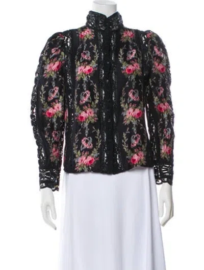 Pre-owned Loveshackfancy Silk Floral Print Blouse In Black