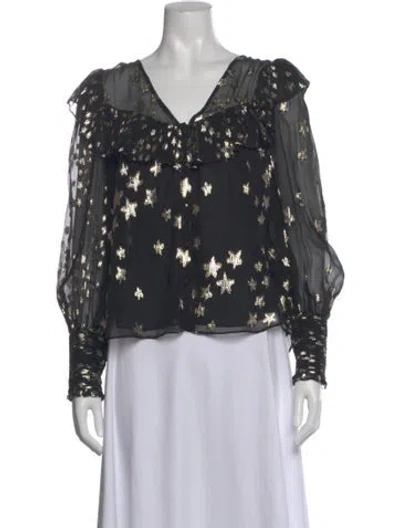 Pre-owned Loveshackfancy Silk Floral Print Blouse In Black