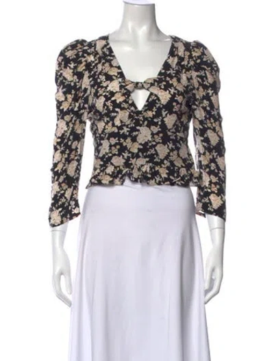 Pre-owned Loveshackfancy Silk Floral Print Blouse In Black