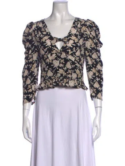 Pre-owned Loveshackfancy Silk Floral Print Blouse In Black
