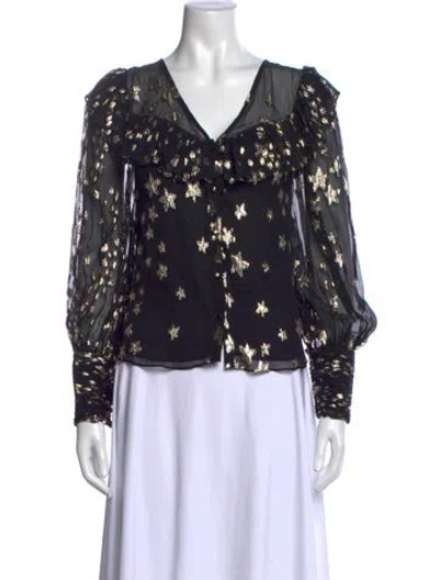 Pre-owned Loveshackfancy Silk Floral Print Blouse In Black