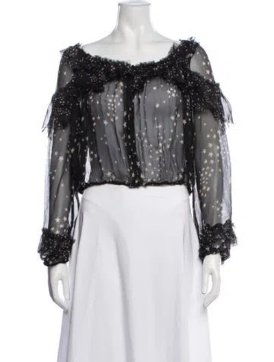 Pre-owned Loveshackfancy Silk Floral Print Blouse In Black