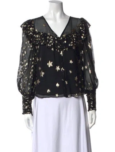 Pre-owned Loveshackfancy Silk Floral Print Blouse In Black