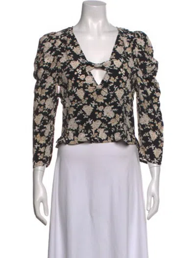 Pre-owned Loveshackfancy Silk Floral Print Blouse In Black