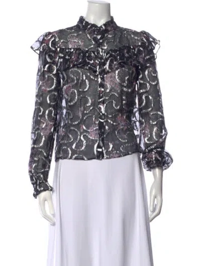 Pre-owned Loveshackfancy Silk Floral Print Blouse In Black/metallic