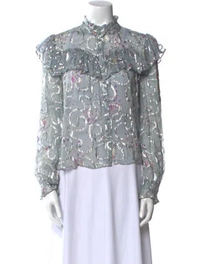 Pre-owned Loveshackfancy Silk Floral Print Blouse In Blue