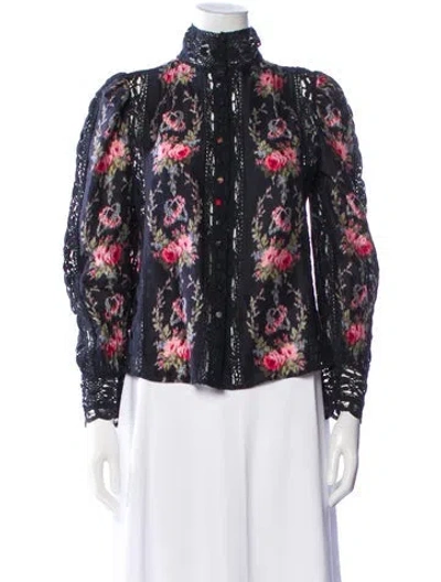 Pre-owned Loveshackfancy Silk Floral Print Blouse In Blue