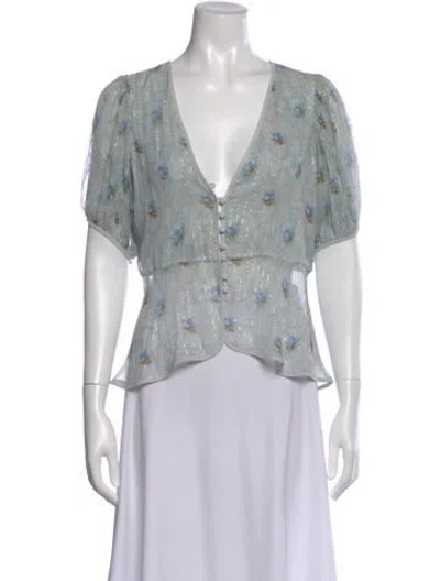Pre-owned Loveshackfancy Silk Floral Print Blouse In Blue