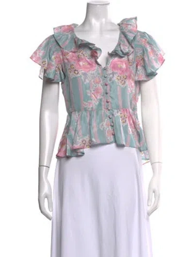 Pre-owned Loveshackfancy Silk Floral Print Blouse In Blue