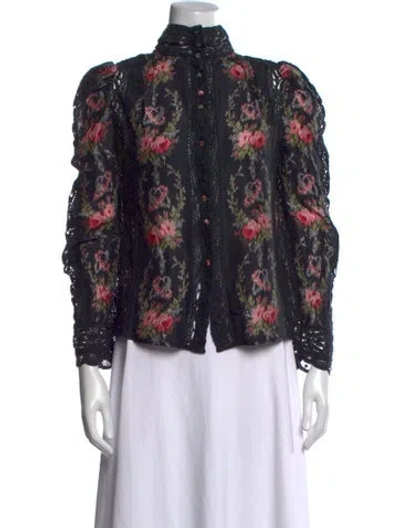 Pre-owned Loveshackfancy Silk Floral Print Blouse In Blue