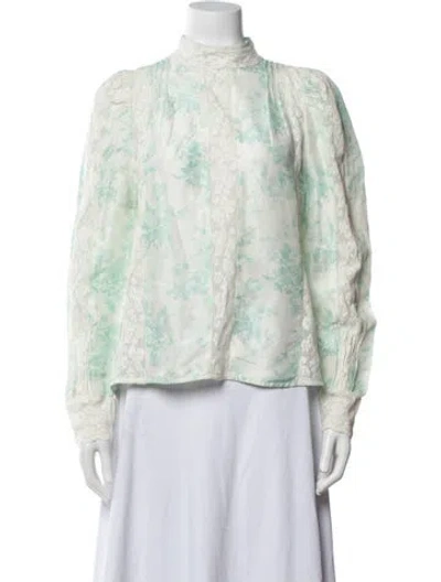 Pre-owned Loveshackfancy Silk Floral Print Blouse In Green