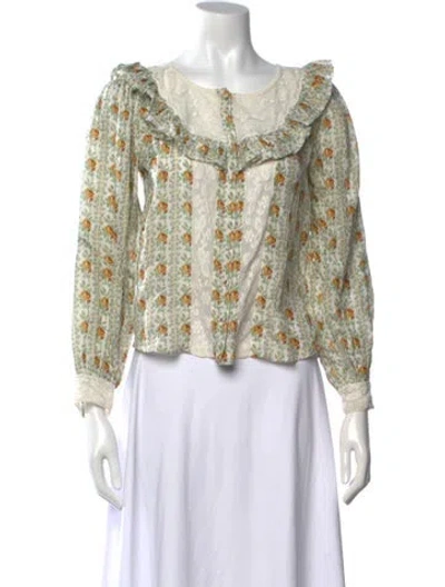 Pre-owned Loveshackfancy Silk Floral Print Blouse In Green