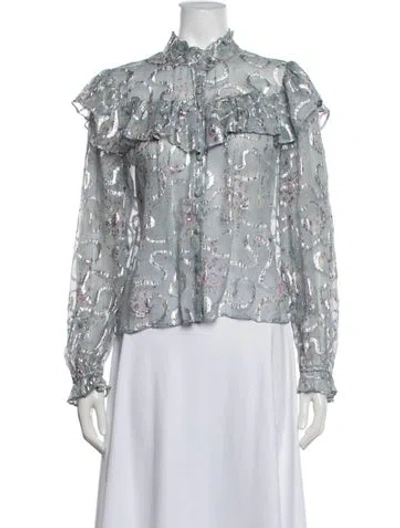 Pre-owned Loveshackfancy Silk Floral Print Blouse In Metallic/silver