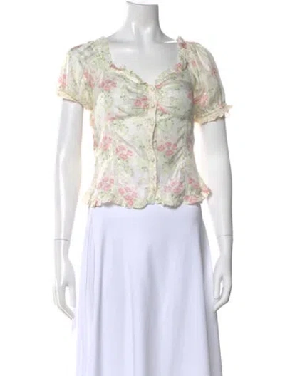 Pre-owned Loveshackfancy Silk Floral Print Blouse In Neutral