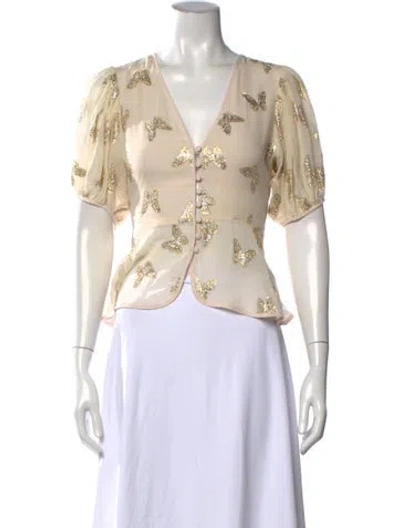 Pre-owned Loveshackfancy Silk Floral Print Blouse In Neutral