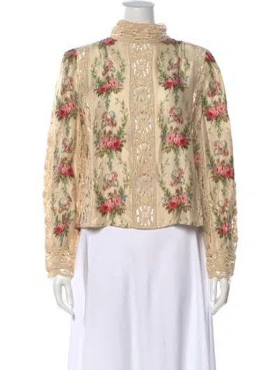 Pre-owned Loveshackfancy Silk Floral Print Blouse In Neutrals