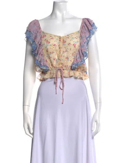 Pre-owned Loveshackfancy Silk Floral Print Blouse In Neutrals
