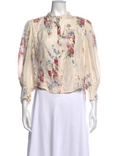 Pre-owned Loveshackfancy Silk Floral Print Blouse In Neutrals