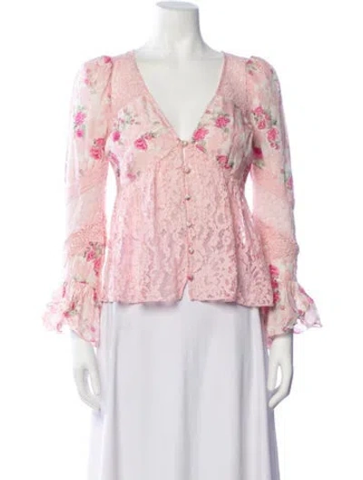 Pre-owned Loveshackfancy Silk Floral Print Blouse In Pink