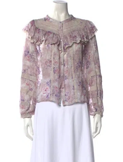 Pre-owned Loveshackfancy Silk Floral Print Blouse In Purple